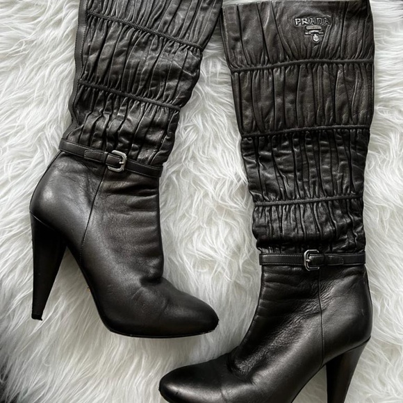 PRADA Black Ruched Leather High Heel Boots - Picture 1 of 5